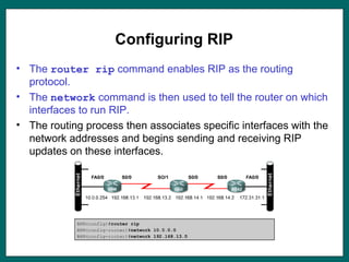 Configuring RIP
• The router rip command enables RIP as the routing
protocol.
• The network command is then used to tell the router on which
interfaces to run RIP.
• The routing process then associates specific interfaces with the
network addresses and begins sending and receiving RIP
updates on these interfaces.
 