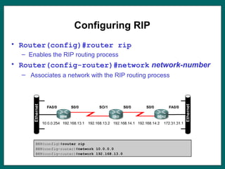 Configuring RIP
• Router(config)#router rip
– Enables the RIP routing process
• Router(config-router)#network network-number
– Associates a network with the RIP routing process
 
