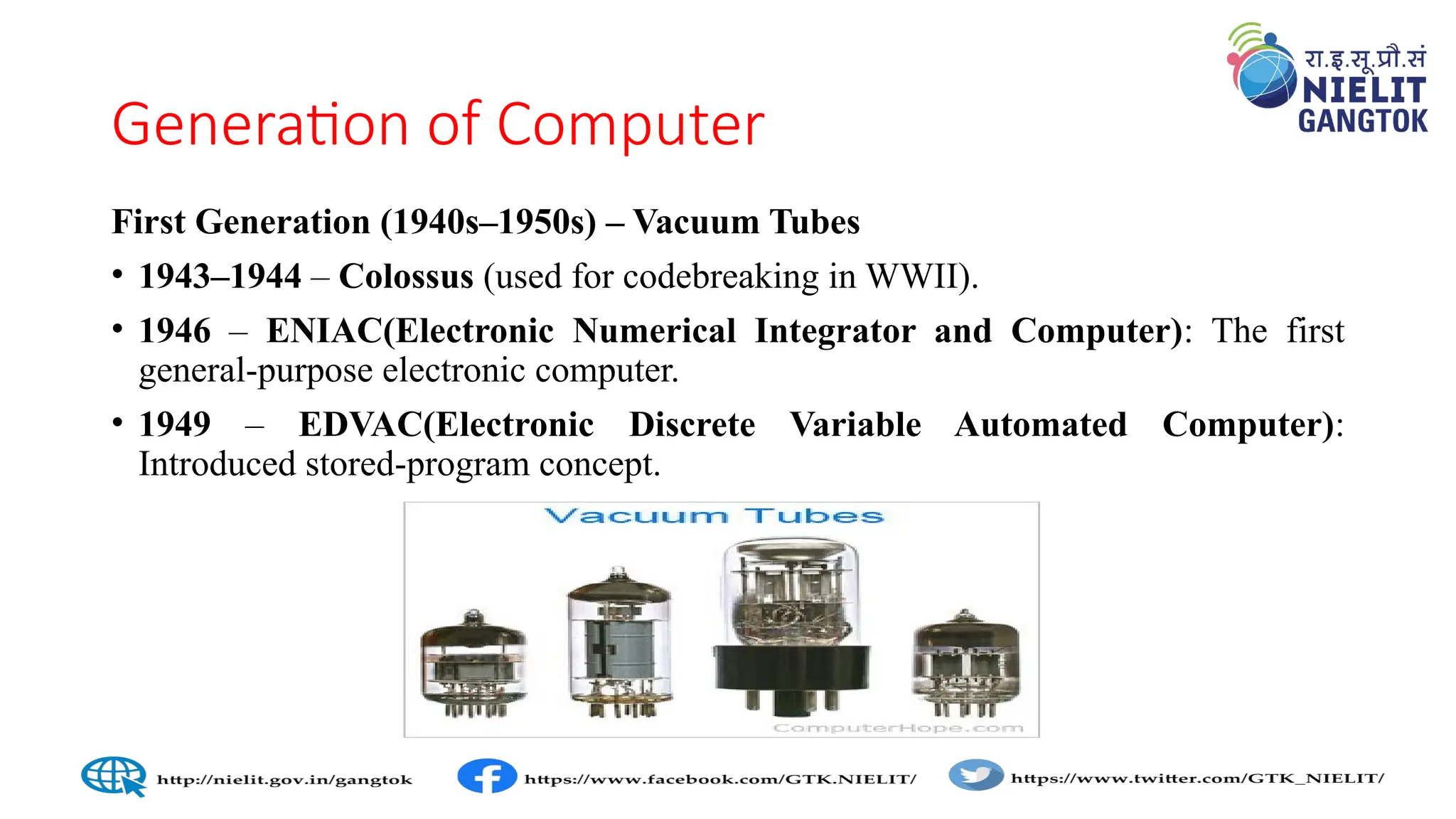 Generation of Computer
First Generation (1940s–1950s) – Vacuum Tubes
• 1943–1944 – Colossus (used for codebreaking in WWII).
• 1946 – ENIAC(Electronic Numerical Integrator and Computer): The first
general-purpose electronic computer.
• 1949 – EDVAC(Electronic Discrete Variable Automated Computer):
Introduced stored-program concept.
 