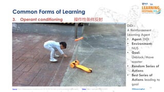 19
#ISSLearningFest
Common Forms of Learning
3. Operant conditioning 操作性条件反射
DiDi :
A Reinforcement
Learning Agent
• Agent: DiDi
• Environment:
NUS
• Goal:
Unblock/Move
scooter
• Random Series of
Actions
• Best Series of
Actions leading to
goal
Source https://telescopeuser.wordpress.com/2018/08/20/didi-a-reinforcement-learning-agent/ Video https://youtu.be/8K-fNcJU0nk
 