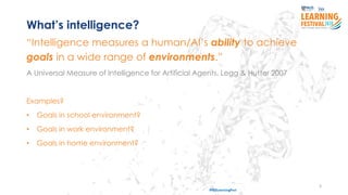 3
#ISSLearningFest
What’s intelligence?
“Intelligence measures a human/AI’s ability to achieve
goals in a wide range of environments.”
A Universal Measure of Intelligence for Artificial Agents, Legg & Hutter 2007
Examples?
• Goals in school environment?
• Goals in work environment?
• Goals in home environment?
 