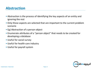 Page 14Classification: Restricted
Abstraction
• Abstraction is the process of identifying the key aspects of an entity and
ignoring the rest
• Only those aspects are selected that are important to the current problem
scenario
• Eg) Abstraction of a person object
• Enumerate attributes of a “person object” that needs to be created for
developing a database
• Useful for social survey
• Useful for health care industry
• Useful for payroll system
 