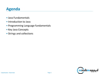 Page 2Classification: Restricted
Agenda
• Java Fundamentals
• Introduction to Java
• Programming Language fundamentals
• Key Java Concepts
• Strings and collections
 