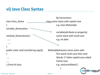 Page 36Classification: Restricted
vi) Java Class Syntax
By Convention:
class Class_Name class name starts with capital case
{ e.g. class MySample
variable_Declaration;
variable(attribute or property)
method_Declaration() { name starts with small case
….. e.g. int date
…..
}
public static void main(String args[]) Method(behavior) name starts with
{ first word small case then next
…. Words 1st letter capital case called
…. Camel case
} //end of class e.g. void printDate() {
}
 