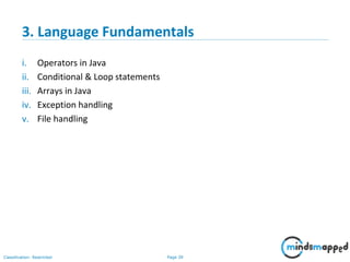 Page 39Classification: Restricted
3. Language Fundamentals
i. Operators in Java
ii. Conditional & Loop statements
iii. Arrays in Java
iv. Exception handling
v. File handling
 