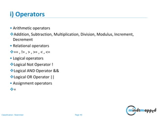 Page 40Classification: Restricted
i) Operators
• Arithmetic operators
Addition, Subtraction, Multiplication, Division, Modulus, Increment,
Decrement
• Relational operators
== , != , > , >= , < , <=
• Logical operators
Logical Not Operator !
Logical AND Operator &&
Logical OR Operator ||
• Assignment operators
=
 