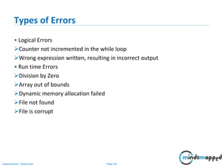 Page 46Classification: Restricted
Types of Errors
• Logical Errors
Counter not incremented in the while loop
Wrong expression written, resulting in incorrect output
• Run time Errors
Division by Zero
Array out of bounds
Dynamic memory allocation failed
File not found
File is corrupt
 