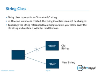 Page 58Classification: Restricted
String Class
• String class represents an “immutable” string.
• ie. Once an instance is created, the string it contains can not be changed.
• To change the String referenced by a string variable, you throw away the
old string and replace it with the modified one.
“Bye”
“Hello”
New String
Old
String
 