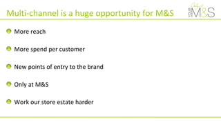 Multi-channel is a huge opportunity for M&S
More reach
More spend per customer
New points of entry to the brand
Only at M&S
Work our store estate harder
 