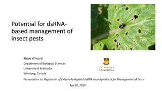 Potential for dsRNA-
based management of
insect pests
Steve Whyard
Department of Biological Sciences
University of Manitoba
Winnipeg, Canada
Presentation to: Regulation of Externally-Applied dsRNA-based products for Management of Pests
Apr 10, 2019
 