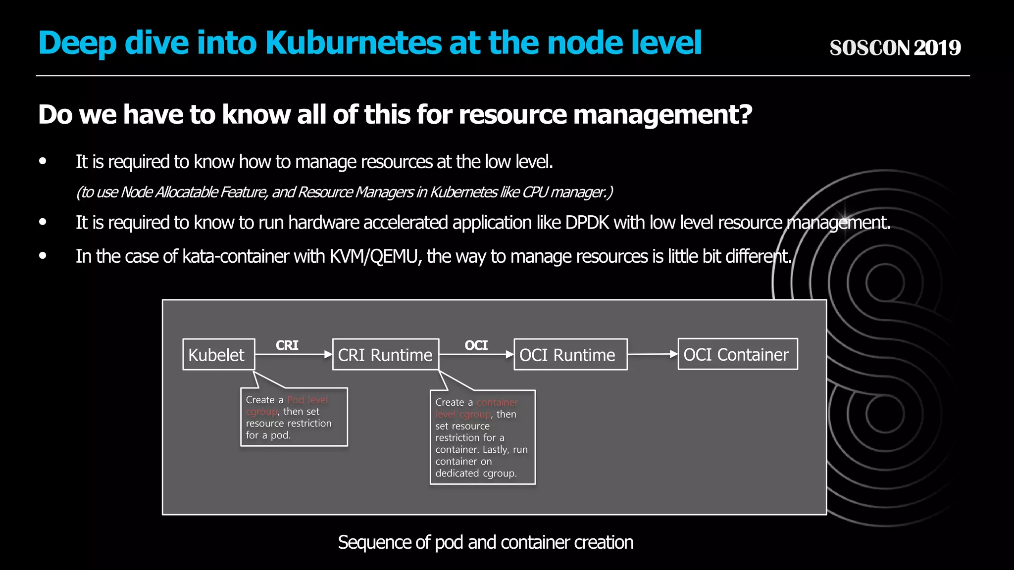 SOSCON2019Deep dive into Kuburnetes at the node level
Do we have to know all of this for resource management?
CRI RuntimeKubelet
CRI
Sequence of pod and container creation
OCI Runtime
OCI
Create a Pod level
cgroup, then set
resource restriction
for a pod.
OCI Container
Create a container
level cgroup, then
set resource
restriction for a
container. Lastly, run
container on
dedicated cgroup.
• It is required to know how to manage resources at the low level.
(to use Node Allocatable Feature, and Resource Managers in Kubernetes like CPU manager.)
• It is required to know to run hardware accelerated application like DPDK with low level resource management.
• In the case of kata-container with KVM/QEMU, the way to manage resources is little bit different.
 