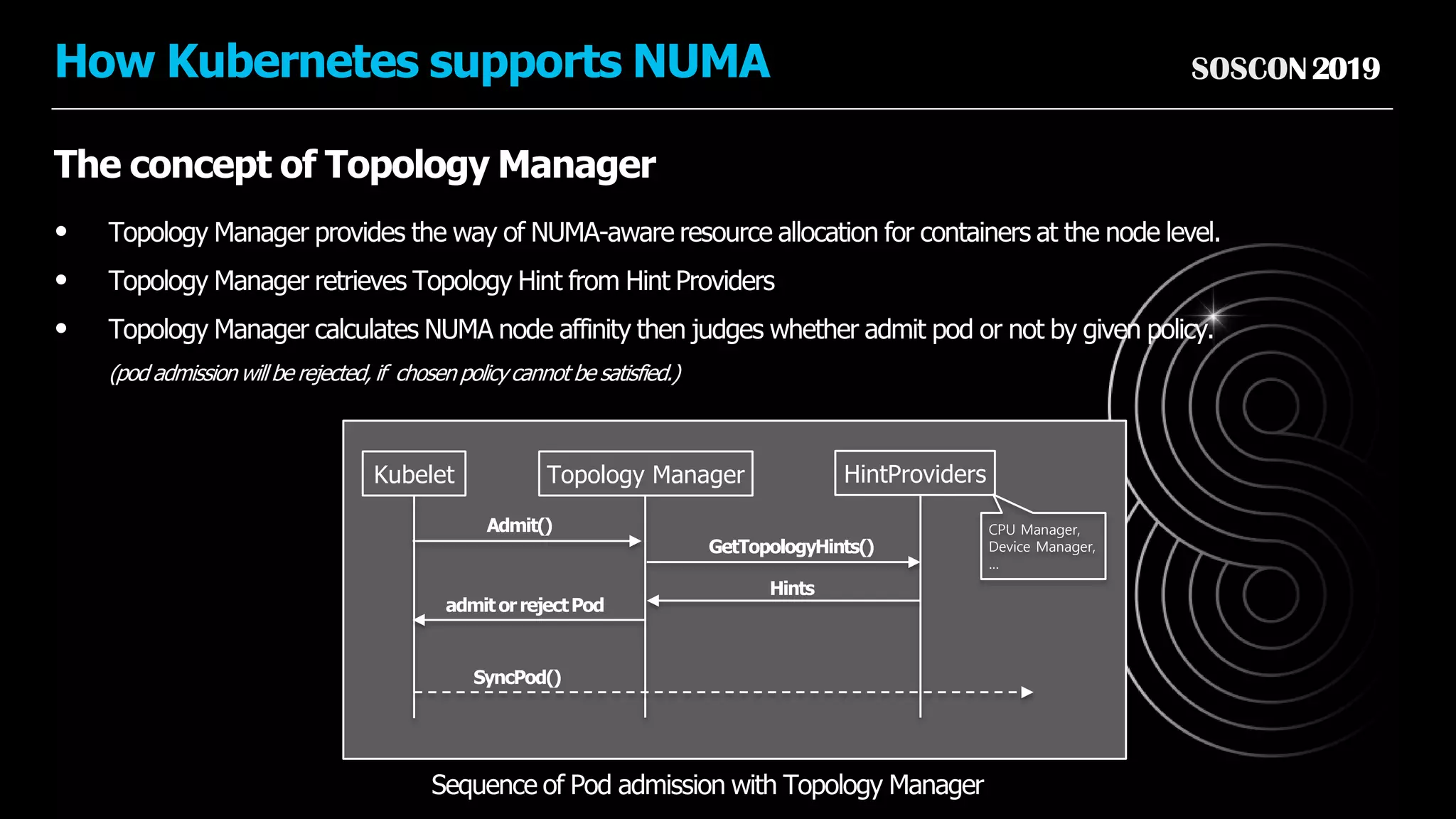 SOSCON2019How Kubernetes supports NUMA
The concept of Topology Manager
• Topology Manager provides the way of NUMA-aware resource allocation for containers at the node level.
• Topology Manager retrieves Topology Hint from Hint Providers
• Topology Manager calculates NUMA node affinity then judges whether admit pod or not by given policy.
(pod admission will be rejected, if chosen policycannot be satisfied.)
Sequence of Pod admission with Topology Manager
Topology ManagerKubelet
Hints
Admit()
HintProviders
GetTopologyHints()
SyncPod()
admitorrejectPod
CPU Manager,
Device Manager,
…
 
