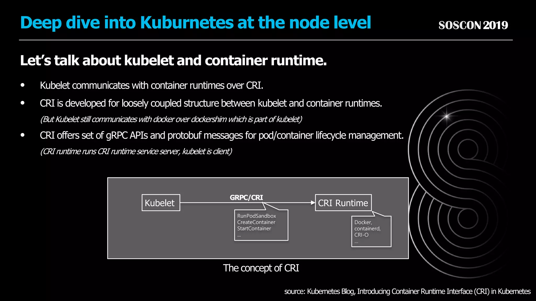 SOSCON2019Deep dive into Kuburnetes at the node level
• Kubelet communicates with container runtimes over CRI.
• CRI is developed for loosely coupled structure between kubelet and container runtimes.
(But Kubelet still communicates with docker over dockershim which is part of kubelet)
• CRI offers set of gRPC APIs and protobuf messages for pod/container lifecycle management.
(CRI runtime runs CRI runtime service server, kubelet is client)
Let’s talk about kubelet and container runtime.
source: Kubernetes Blog, Introducing Container Runtime Interface (CRI) in Kubernetes
CRI RuntimeKubelet
GRPC/CRI
RunPodSandbox
CreateContainer
StartContainer
...
Docker,
containerd,
CRI-O
…
The concept of CRI
 