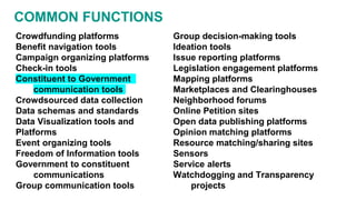 COMMON FUNCTIONS
Crowdfunding platforms
Benefit navigation tools
Campaign organizing platforms
Check-in tools
Constituent to Government
communication tools
Crowdsourced data collection
Data schemas and standards
Data Visualization tools and
Platforms
Event organizing tools
Freedom of Information tools
Government to constituent
communications
Group communication tools
Group decision-making tools
Ideation tools
Issue reporting platforms
Legislation engagement platforms
Mapping platforms
Marketplaces and Clearinghouses
Neighborhood forums
Online Petition sites
Open data publishing platforms
Opinion matching platforms
Resource matching/sharing sites
Sensors
Service alerts
Watchdogging and Transparency
projects
 