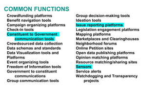 Crowdfunding platforms
Benefit navigation tools
Campaign organizing platforms
Check-in tools
Constituent to Government
communication tools
Crowdsourced data collection
Data schemas and standards
Data Visualization tools and
Platforms
Event organizing tools
Freedom of Information tools
Government to constituent
communications
Group communication tools
Group decision-making tools
Ideation tools
Issue reporting platforms
Legislation engagement platforms
Mapping platforms
Marketplaces and Clearinghouses
Neighborhood forums
Online Petition sites
Open data publishing platforms
Opinion matching platforms
Resource matching/sharing sites
Sensors
Service alerts
Watchdogging and Transparency
projects
COMMON FUNCTIONS
 