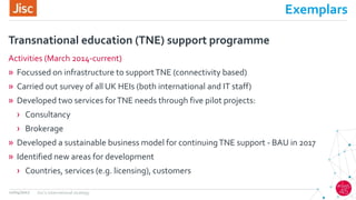 Exemplars
Activities (March 2014-current)
» Focussed on infrastructure to supportTNE (connectivity based)
» Carried out survey of all UK HEIs (both international and IT staff)
» Developed two services forTNE needs through five pilot projects:
› Consultancy
› Brokerage
» Developed a sustainable business model for continuingTNE support - BAU in 2017
» Identified new areas for development
› Countries, services (e.g. licensing), customers
Transnational education (TNE) support programme
12/04/2017 Jisc's international strategy
 