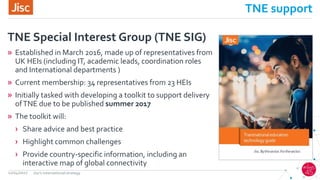 TNE support
» Established in March 2016, made up of representatives from
UK HEIs (including IT, academic leads, coordination roles
and International departments )
» Current membership: 34 representatives from 23 HEIs
» Initially tasked with developing a toolkit to support delivery
ofTNE due to be published summer 2017
» The toolkit will:
› Share advice and best practice
› Highlight common challenges
› Provide country-specific information, including an
interactive map of global connectivity
TNE Special Interest Group (TNE SIG)
12/04/2017 Jisc's international strategy
 