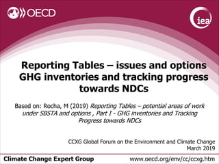 Climate Change Expert Group www.oecd.org/env/cc/ccxg.htm
Reporting Tables – issues and options
GHG inventories and tracking progress
towards NDCs
CCXG Global Forum on the Environment and Climate Change
March 2019
Based on: Rocha, M (2019) Reporting Tables – potential areas of work
under SBSTA and options , Part I - GHG inventories and Tracking
Progress towards NDCs
 