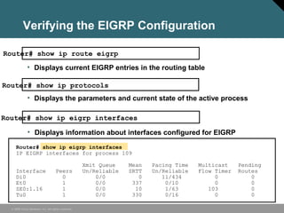 © 2006 Cisco Systems, Inc. All rights reserved.
Verifying the EIGRP Configuration
Router# show ip eigrp interfaces
• Displays information about interfaces configured for EIGRP
Router# show ip eigrp interfaces
IP EIGRP interfaces for process 109
Xmit Queue Mean Pacing Time Multicast Pending
Interface Peers Un/Reliable SRTT Un/Reliable Flow Timer Routes
Di0 0 0/0 0 11/434 0 0
Et0 1 0/0 337 0/10 0 0
SE0:1.16 1 0/0 10 1/63 103 0
Tu0 1 0/0 330 0/16 0 0
Router# show ip protocols
Router# show ip route eigrp
• Displays current EIGRP entries in the routing table
• Displays the parameters and current state of the active process
 
