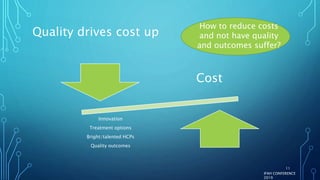 Quality drives cost up
Cost
Innovation
Treatment options
Bright/talented HCPs
Quality outcomes
How to reduce costs
and not have quality
and outcomes suffer?
IFAH CONFERENCE
2019
11
 
