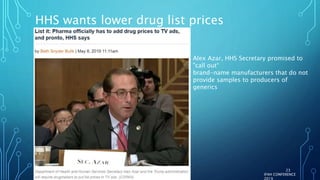 HHS wants lower drug list prices
IFAH CONFERENCE
2019
23
Alex Azar, HHS Secretary promised to
"call out“
brand-name manufacturers that do not
provide samples to producers of
generics
 