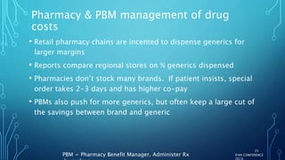 Pharmacy & PBM management of drug
costs
• Retail pharmacy chains are incented to dispense generics for
larger margins
• Reports compare regional stores on % generics dispensed
• Pharmacies don’t stock many brands. If patient insists, special
order takes 2-3 days and has higher co-pay
• PBMs also push for more generics, but often keep a large cut of
the savings between brand and generic
IFAH CONFERENCE
2019
25
PBM = Pharmacy Benefit Manager. Administer Rx
 