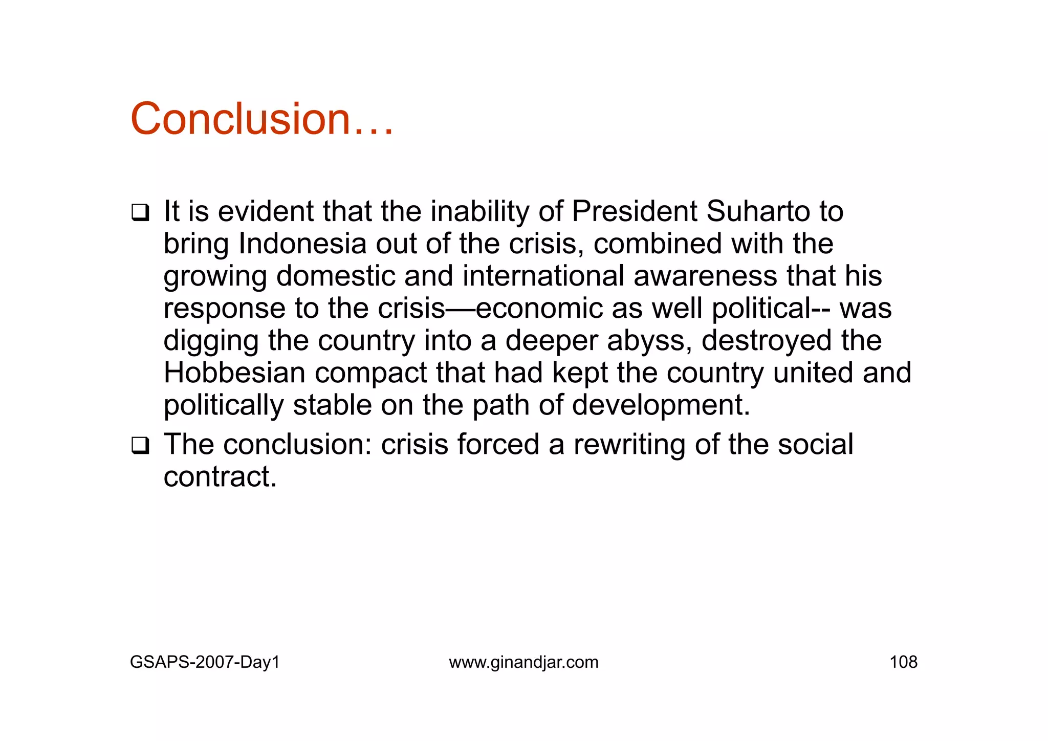 Day 1: Governance and Economic Crisis -The Case of Indonesia-