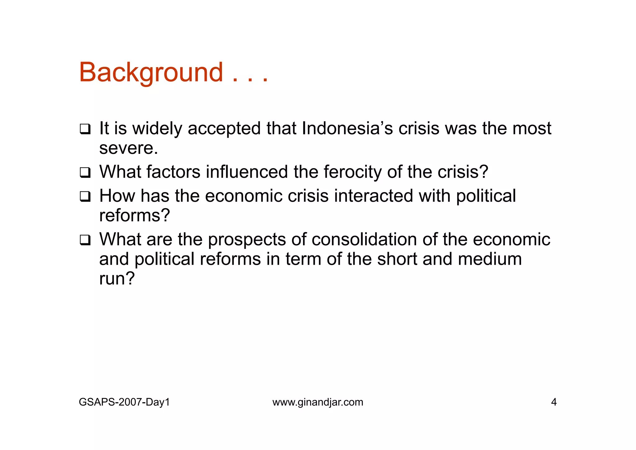Day 1: Governance and Economic Crisis -The Case of Indonesia-