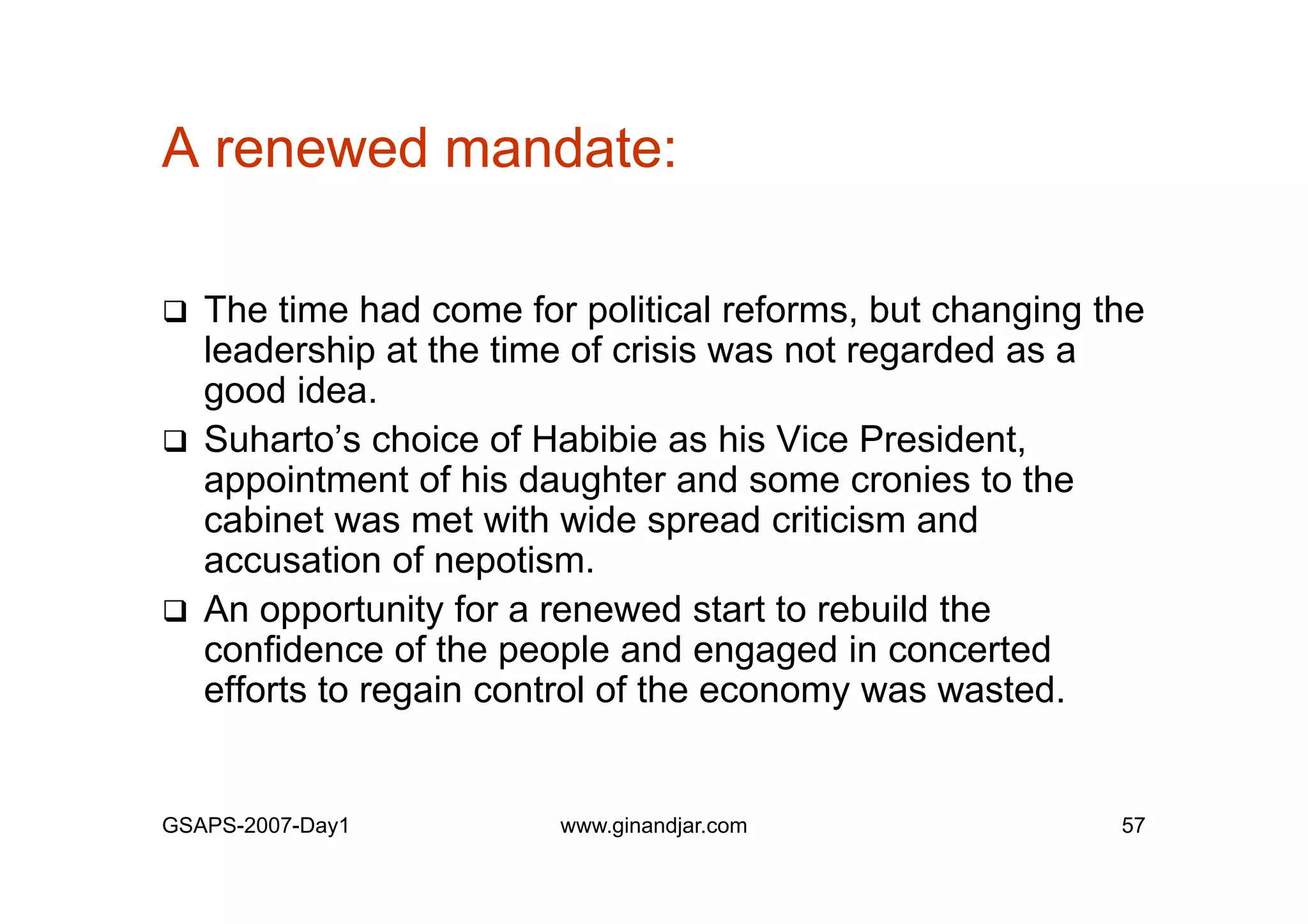 Day 1: Governance and Economic Crisis -The Case of Indonesia-