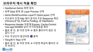 • GeoServer Admin 화면 접속
• 왼쪽 Data 항목 중 Layer Preview 선택
• demo:WorldCountries Layer의 OpenLayers 선택
• 지도창이 뜨면 Http 헤더 분석도구로 Response 확인
(Chrome [F12], FireFox FireBug, IE HttpWatch)
• Response Header 부분에 Expires, Cache-Control:
max-age=604800 값이 추가되었음을 확인
• 휠로 줌 인, 줌 아웃 반복  별로 빨라지지 않은 것
같다 ㅠㅠ
• 지도 우상단의 옵션버튼 클릭
• Tiling에서 Tiled 선택
• 휠로 줌 인, 줌 아웃 반복  이번엔 확실히 빨라진 것
이 보인다.
브라우저 캐시 적용 확인
Cache가 되려면 Tiled로
호출하여야만 한다!
107
 