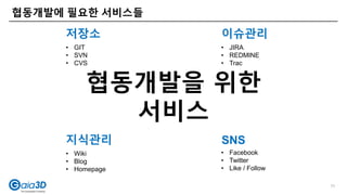저장소 이슈관리
지식관리 SNS
협동개발에 필요한 서비스들
• GIT
• SVN
• CVS
• JIRA
• REDMINE
• Trac
• Wiki
• Blog
• Homepage
• Facebook
• Twitter
• Like / Follow
협동개발을 위한
서비스
11
 