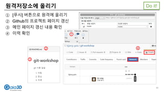 원격저장소에 올리기
① [푸시] 버튼으로 원격에 올리기
② Github의 프로젝트 페이지 갱신
③ 메인 페이지 갱신 내용 확인
④ 이력 확인 1
3
2 4
Do it!
40
 