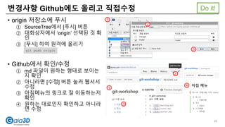 변경사항 Github에도 올리고 직접수정
• origin 저장소에 푸시
① SourceTree에서 [푸시] 버튼
② 대화상자에서 ‘origin’ 선택된 것 확
인
③ [푸시] 하여 원격에 올리기
• Github에서 확인/수정
① md 파일이 원하는 형태로 보이는
지 확인
② 아니라면 [수정] 버튼 눌러 웹서서
수정
③ 아침메뉴의 링크로 잘 이동하는지
확인
④ 원하는 대로인지 확인하고 아니라
면 수정
1
2
3
2
4
1
git push origin
3
Do it!
45
 