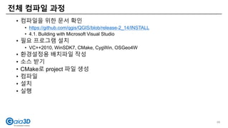 • 컴파일을 위한 문서 확인
• https://github.com/qgis/QGIS/blob/release-2_14/INSTALL
• 4.1. Building with Microsoft Visual Studio
• 필요 프로그램 설치
• VC++2010, WinSDK7, CMake, CygWin, OSGeo4W
• 환경설정용 배치파일 작성
• 소스 받기
• CMake로 project 파일 생성
• 컴파일
• 설치
• 실행
전체 컴파일 과정
68
 