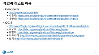 • GeoServer
• http://geoserver.org/comm/
• 사용자: https://lists.sourceforge.net/lists/listinfo/geoserver-users
• 개발자: https://lists.sourceforge.net/lists/listinfo/geoserver-devel
• QGIS
• http://www2.qgis.org/ko/site/getinvolved/mailinglists.html#qgis-mailinglists
• 사용자: http://lists.osgeo.org/mailman/listinfo/qgis-user
• 개발자: http://lists.osgeo.org/mailman/listinfo/qgis-developer
• 커뮤니티: http://lists.osgeo.org/mailman/listinfo/qgis-community-team
• 번역: http://lists.osgeo.org/mailman/listinfo/qgis-tr
메일링 리스트 이용
7
 