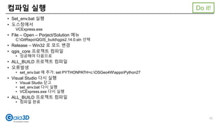 컴파일 실행
• Set_env.bat 실행
• 도스창에서
VCExpress.exe
• File – Open – Porject/Solution 메뉴
C:GitRepoQGIS_buildqgis2.14.0.sln 선택
• Release – Win32 로 모드 변경
• qgis_core 프로젝트 컴파일
• 성공해야 다음으로
• ALL_BUILD 프로젝트 컴파일
• 오류발생
• set_env.bat 에 추가: set PYTHONPATH=c:OSGeo4WappsPython27
• Visual Studio 다시 실행
• Visual Studio 닫고
• set_env.bat 다시 실행
• VCExpress.exe 다시 실행
• ALL_BUILD 프로젝트 컴파일
• 컴파일 완료
72
Do it!
 