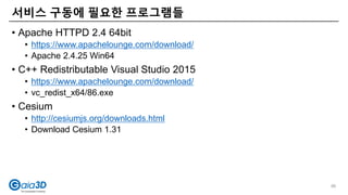 • Apache HTTPD 2.4 64bit
• https://www.apachelounge.com/download/
• Apache 2.4.25 Win64
• C++ Redistributable Visual Studio 2015
• https://www.apachelounge.com/download/
• vc_redist_x64/86.exe
• Cesium
• http://cesiumjs.org/downloads.html
• Download Cesium 1.31
서비스 구동에 필요한 프로그램들
86
 