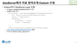 • Cesium에서 GeoServer Layer 호출
• C:www_rootAppsHelloWorld.html 수정
• 23행에 다음 추가
var provider = new Cesium.WebMapServiceImageryProvider({
url: 'http://localhost:8080/geoserver/wms',
layers : 'topp:states',
parameters : {
transparent : 'true',
format : 'image/png'
}
});
viewer.imageryLayers.addImageryProvider(provider);
• http://localhost/Apps/HelloWorld.html 호출
• 미국 주 경계가 안보임. 원인은???
GeoServer에서 자료 받아오게 Cesium 수정
92
Do it!
 