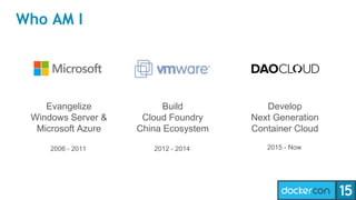 Who AM I
Evangelize
Windows Server &
Microsoft Azure
Build
Cloud Foundry
China Ecosystem
Develop
Next Generation
Container Cloud
2006 - 2011 2012 - 2014 2015 - Now
 