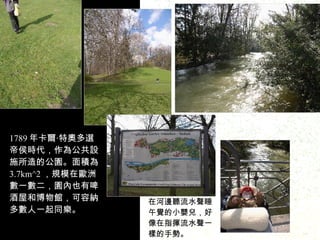 1789 年卡爾‧特奧多選帝侯時代，作為公共設施所造的公園。面積為 3.7km^2 ，規模在歐洲數一數二，園內也有啤酒屋和博物館，可容納多數人一起同樂。 在河邊聽流水聲睡 午覺的小嬰兒，好 像在指揮流水聲一 樣的手勢。 