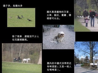 園內的中國式涼亭附近 有啤酒屋（又是一堆人 在喝啤酒）。 國外真是寵物的天堂， 火車、飯店、餐廳，哪 裡都可以去。 鴿子多、烏鴉也多 除了馬車，還看到不少人在花園裡騎馬。 