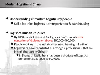 Modern Logistics in China
Understanding of modern Logistics by people
 Still a lot think logistics is transportation & warehousing
Logistics Human Resource
 By 2010, market demand for logistics professionals with
education of diploma or above: 300,000-400,000.
 People working in the industry that need training: >1 million
 Logisticians have been listed as among 12 professionals that are
in high shortage in China
In Shanghai itself, there has been a shortage of Logistics
professionals as large as 500,000.
 