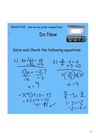 OBJECTIVE: How do we graph inequalities?


                      Do Now


 Solve and Check the following equations.

  1.) -3x + 12 = -15                  x
                                2.)     - 3 = -2
                                      4




                                                   1
 