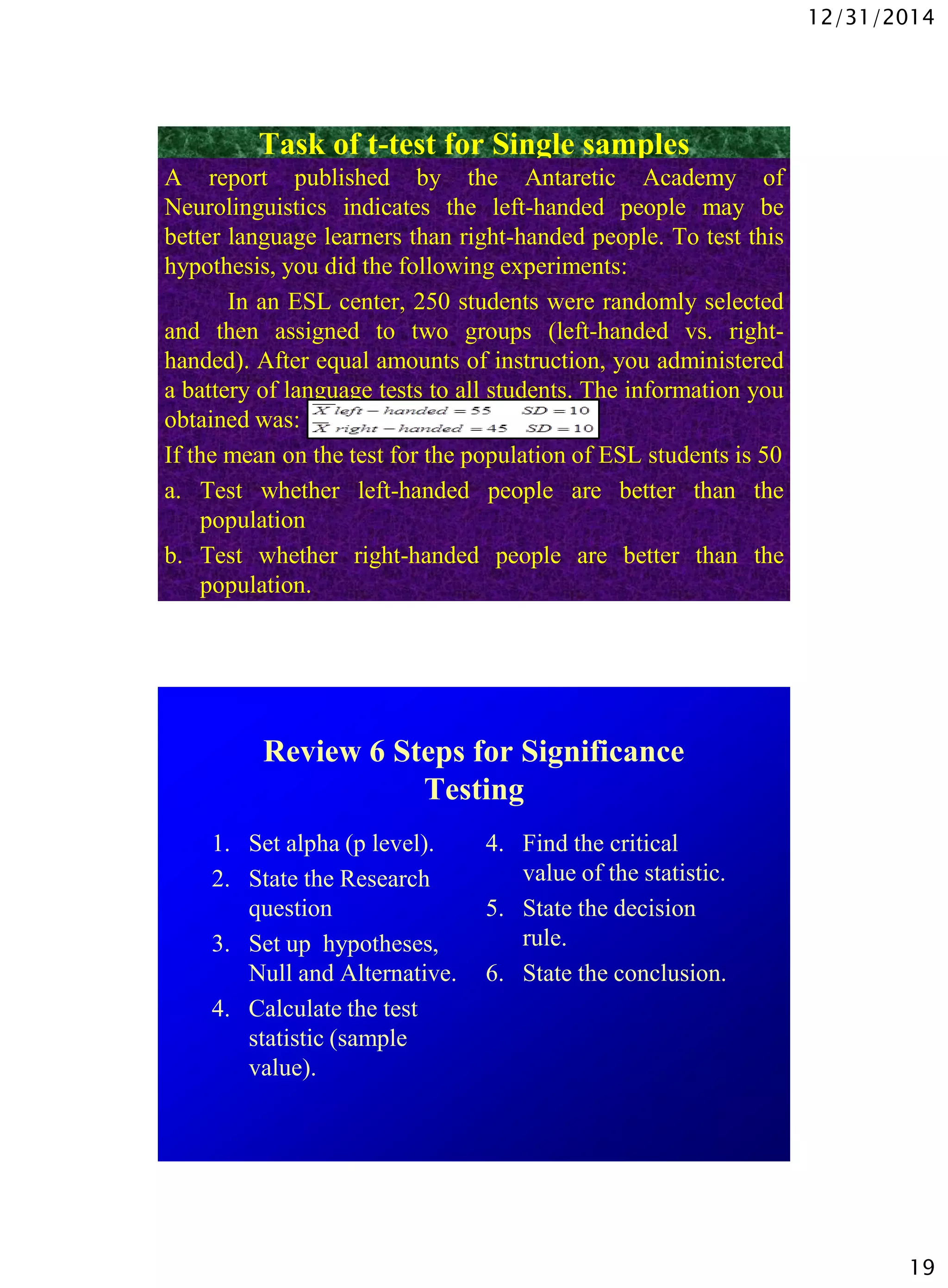 12/31/2014
19
Task of t-test for Single samples
A report published by the Antaretic Academy of
Neurolinguistics indicates the left-handed people may be
better language learners than right-handed people. To test this
hypothesis, you did the following experiments:
In an ESL center, 250 students were randomly selected
and then assigned to two groups (left-handed vs. right-
handed). After equal amounts of instruction, you administered
a battery of language tests to all students. The information you
obtained was:
If the mean on the test for the population of ESL students is 50
a. Test whether left-handed people are better than the
population
b. Test whether right-handed people are better than the
population.
Review 6 Steps for Significance
Testing
1. Set alpha (p level).
2. State the Research
question
3. Set up hypotheses,
Null and Alternative.
4. Calculate the test
statistic (sample
value).
4. Find the critical
value of the statistic.
5. State the decision
rule.
6. State the conclusion.
 