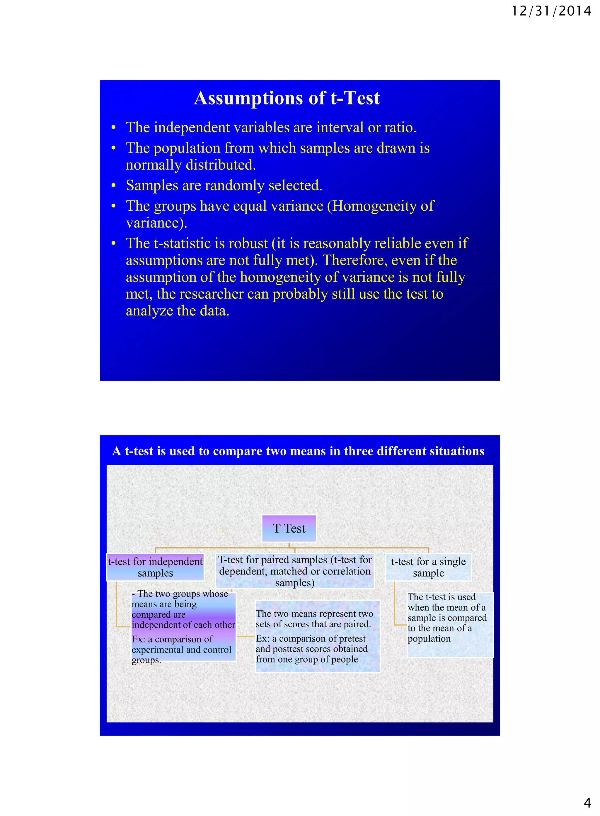 12/31/2014
4
Assumptions of t-Test
• The independent variables are interval or ratio.
• The population from which samples are drawn is
normally distributed.
• Samples are randomly selected.
• The groups have equal variance (Homogeneity of
variance).
• The t-statistic is robust (it is reasonably reliable even if
assumptions are not fully met). Therefore, even if the
assumption of the homogeneity of variance is not fully
met, the researcher can probably still use the test to
analyze the data.
A t-test is used to compare two means in three different situations
T Test
t-test for independent
samples
- The two groups whose
means are being
compared are
independent of each other
Ex: a comparison of
experimental and control
groups.
T-test for paired samples (t-test for
dependent, matched or correlation
samples)
The two means represent two
sets of scores that are paired.
Ex: a comparison of pretest
and posttest scores obtained
from one group of people
t-test for a single
sample
The t-test is used
when the mean of a
sample is compared
to the mean of a
population
 