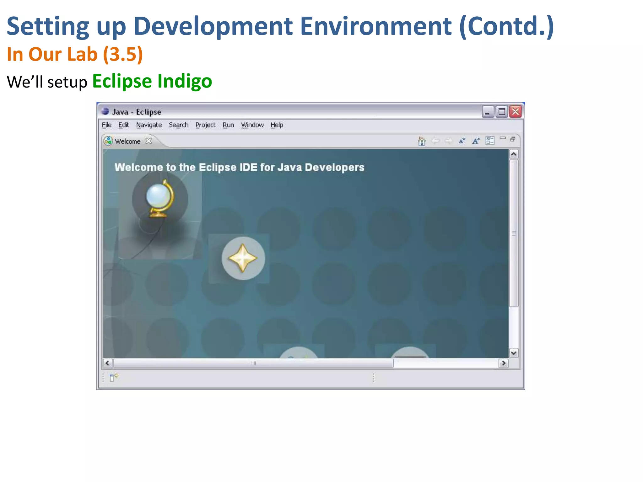 Setting up Development Environment (Contd.)
In Our Lab (3.5)
We’ll setup Eclipse Indigo
 