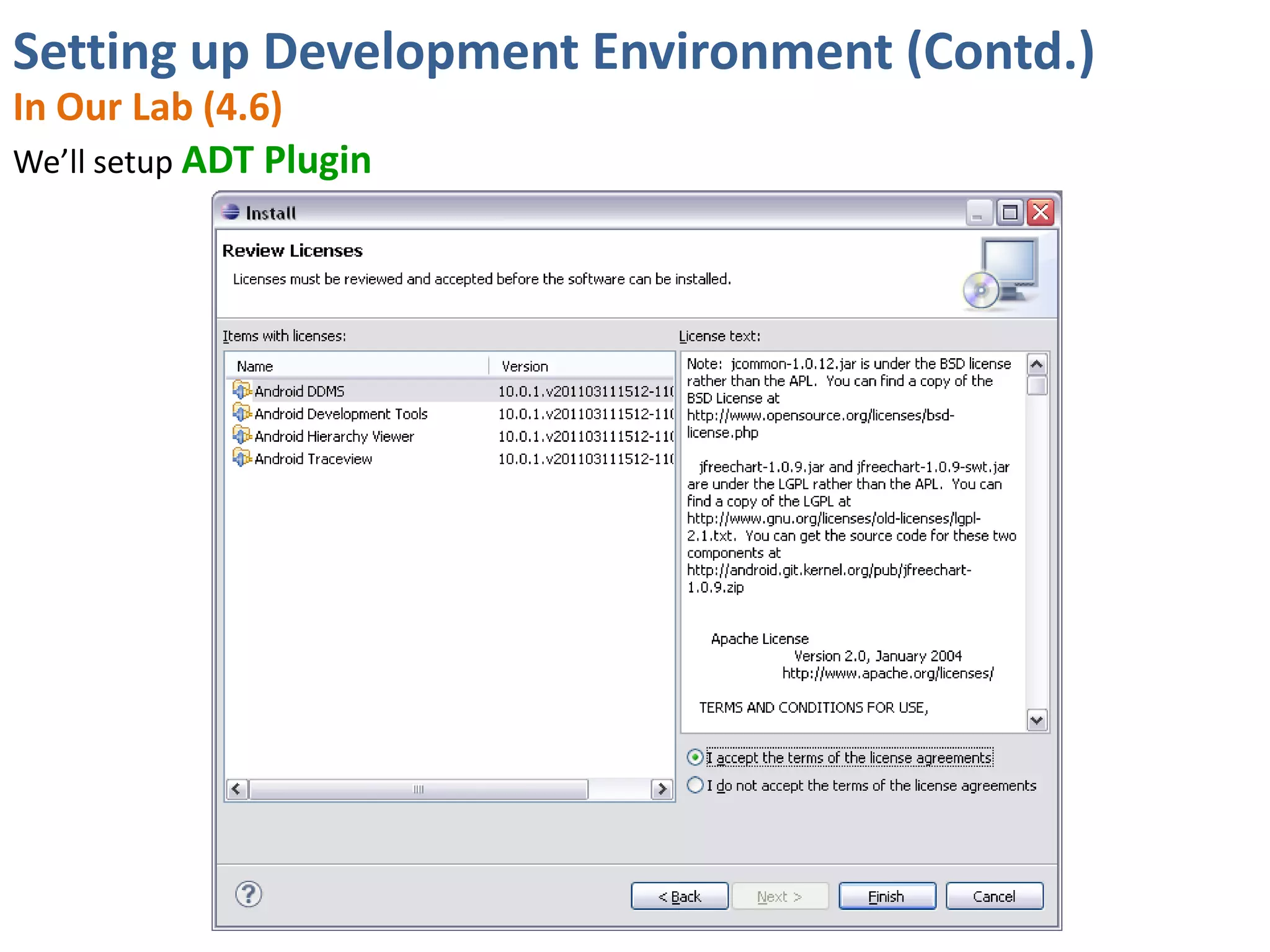 Setting up Development Environment (Contd.)
In Our Lab (4.6)
We’ll setup ADT Plugin
 
