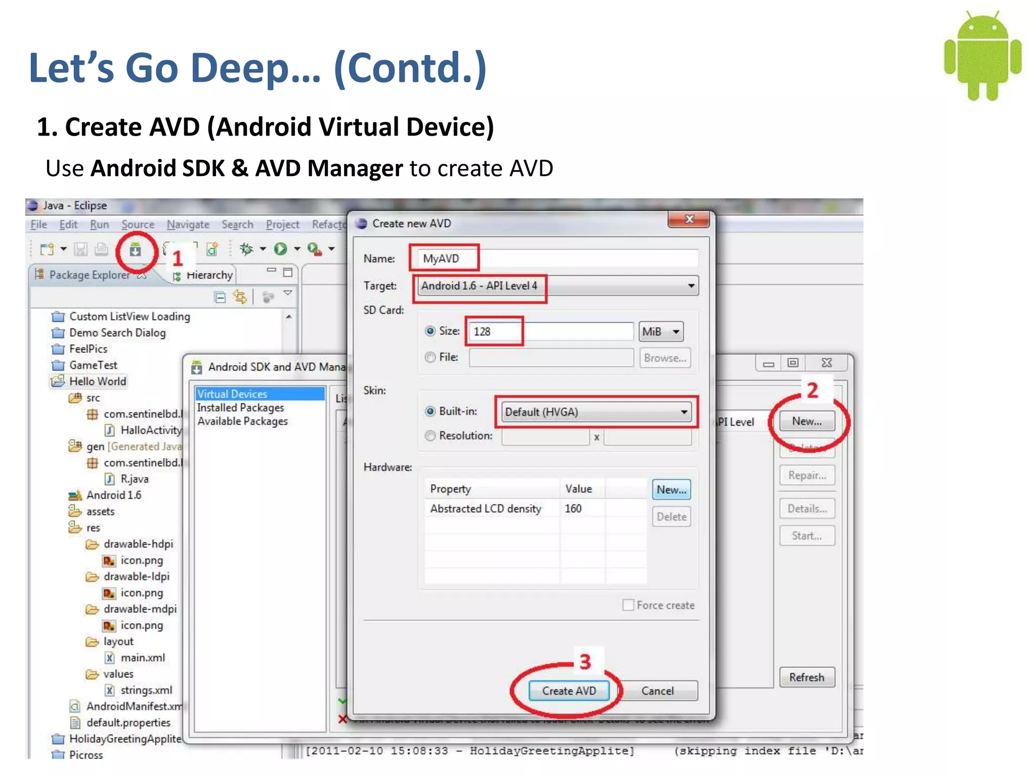 Let’s Go Deep… (Contd.)
1. Create AVD (Android Virtual Device)
Use Android SDK & AVD Manager to create AVD
 