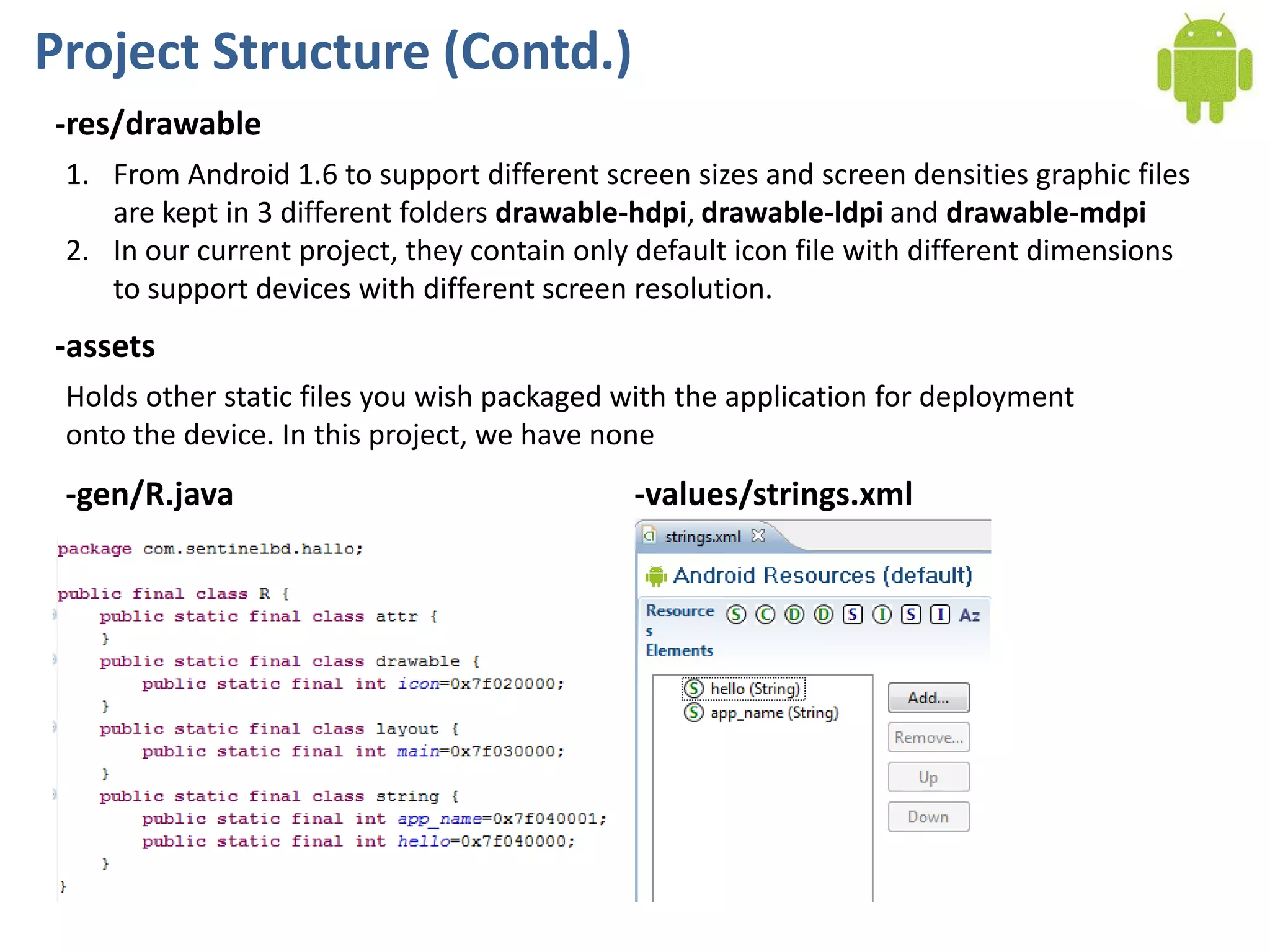 Project Structure (Contd.)
-res/drawable
 1. From Android 1.6 to support different screen sizes and screen densities graphic files
    are kept in 3 different folders drawable-hdpi, drawable-ldpi and drawable-mdpi
 2. In our current project, they contain only default icon file with different dimensions
    to support devices with different screen resolution.
-assets
 Holds other static files you wish packaged with the application for deployment
 onto the device. In this project, we have none
 -gen/R.java                                 -values/strings.xml
 