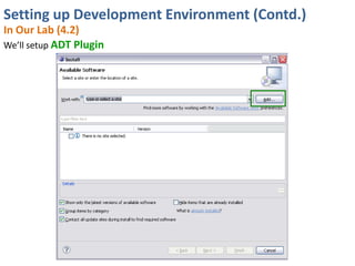 Setting up Development Environment (Contd.)
In Our Lab (4.2)
We’ll setup ADT Plugin
 